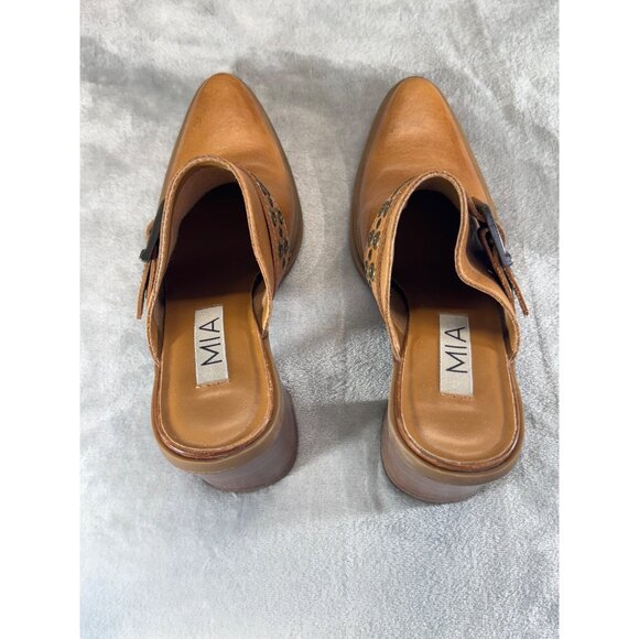 Mia womens shoes 8.5M Y2K Brown leather chunky mules heels 4" - Picture 15 of 16